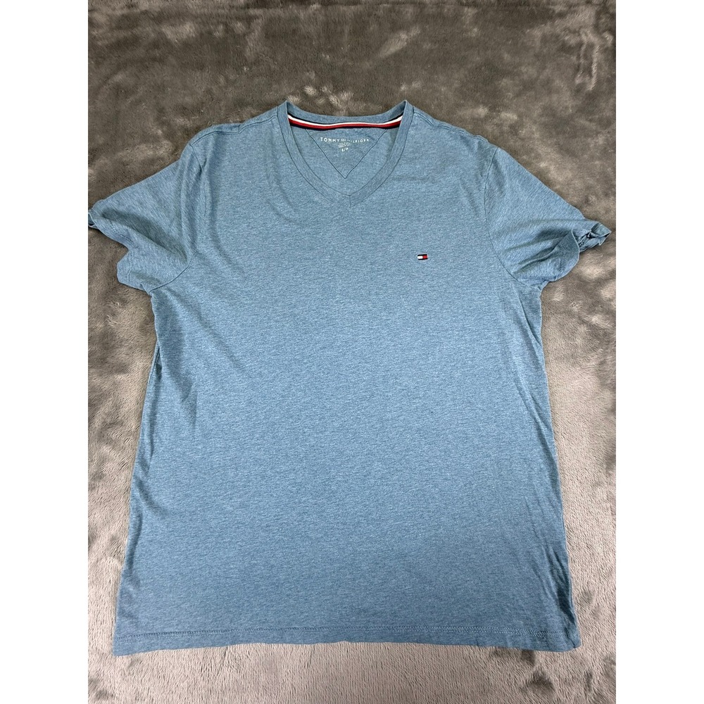 Tommy Hilfiger Men's V-Neck T-Shirt Heather Blue Short Sleeve Cotton Small